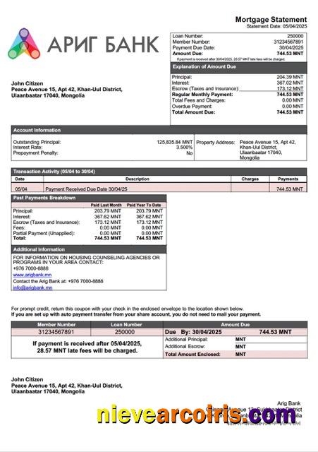 Mongolia Arig Bank mortgage statement Word and PDF template